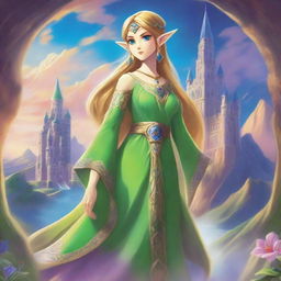 A majestic depiction of the Zelda Goddess of Hyrule, standing in a serene landscape with the iconic Hyrule Castle in the background