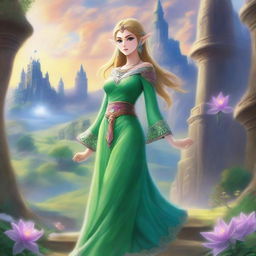 A majestic depiction of the Zelda Goddess of Hyrule, standing in a serene landscape with the iconic Hyrule Castle in the background