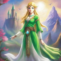 A majestic depiction of the Zelda Goddess of Hyrule, standing in a serene landscape with the iconic Hyrule Castle in the background