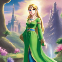 A majestic depiction of the Zelda Goddess of Hyrule, standing in a serene landscape with the iconic Hyrule Castle in the background