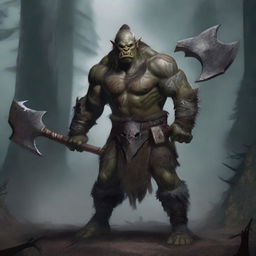 A fierce orc barbarian standing in a battle-ready pose, with rugged armor and a massive axe