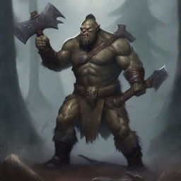 A fierce orc barbarian standing in a battle-ready pose, with rugged armor and a massive axe