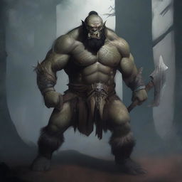 A fierce orc barbarian standing in a battle-ready pose, with rugged armor and a massive axe