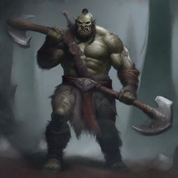 A fierce orc barbarian standing in a battle-ready pose, with rugged armor and a massive axe