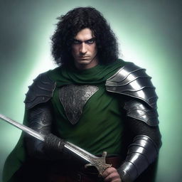 A gothic feminine male character with dark curly hair and multiple scars on his face