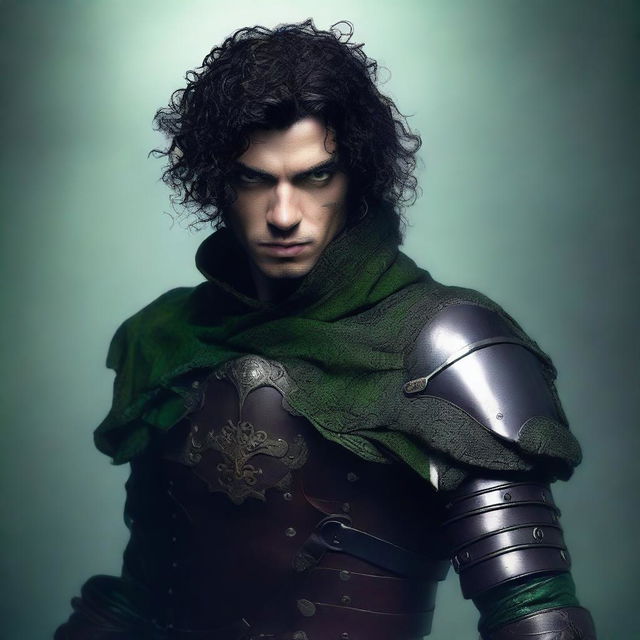 A gothic feminine male character with dark curly hair and multiple scars on his face