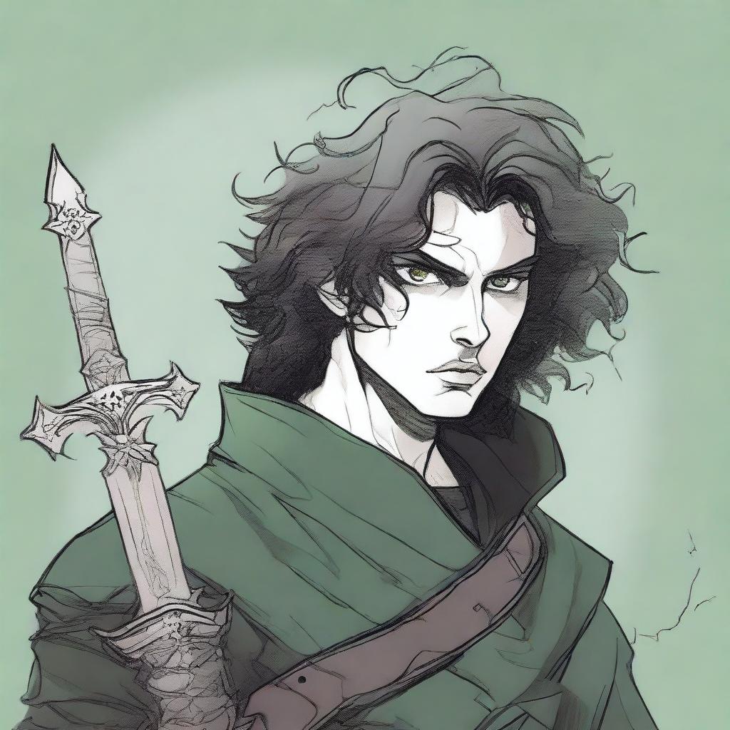 A sketch art style image of a gothic feminine male character with dark curly hair and multiple scars on his face