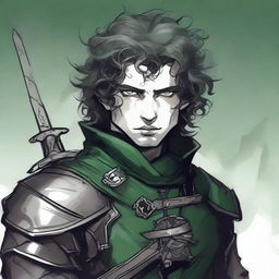 A sketch art style image of a gothic feminine male character with dark curly hair and multiple scars on his face