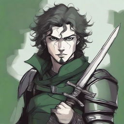 A sketch art style image of a gothic feminine male character with dark curly hair and multiple scars on his face