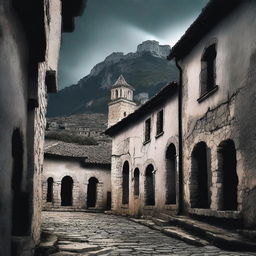 Create a dark and eerie movie poster for a horror film titled 'The Shadows of Berat