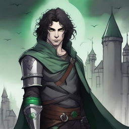 A sketch art style image of a gothic feminine male character with dark curly hair, multiple scars on his face, and glowing green eyes