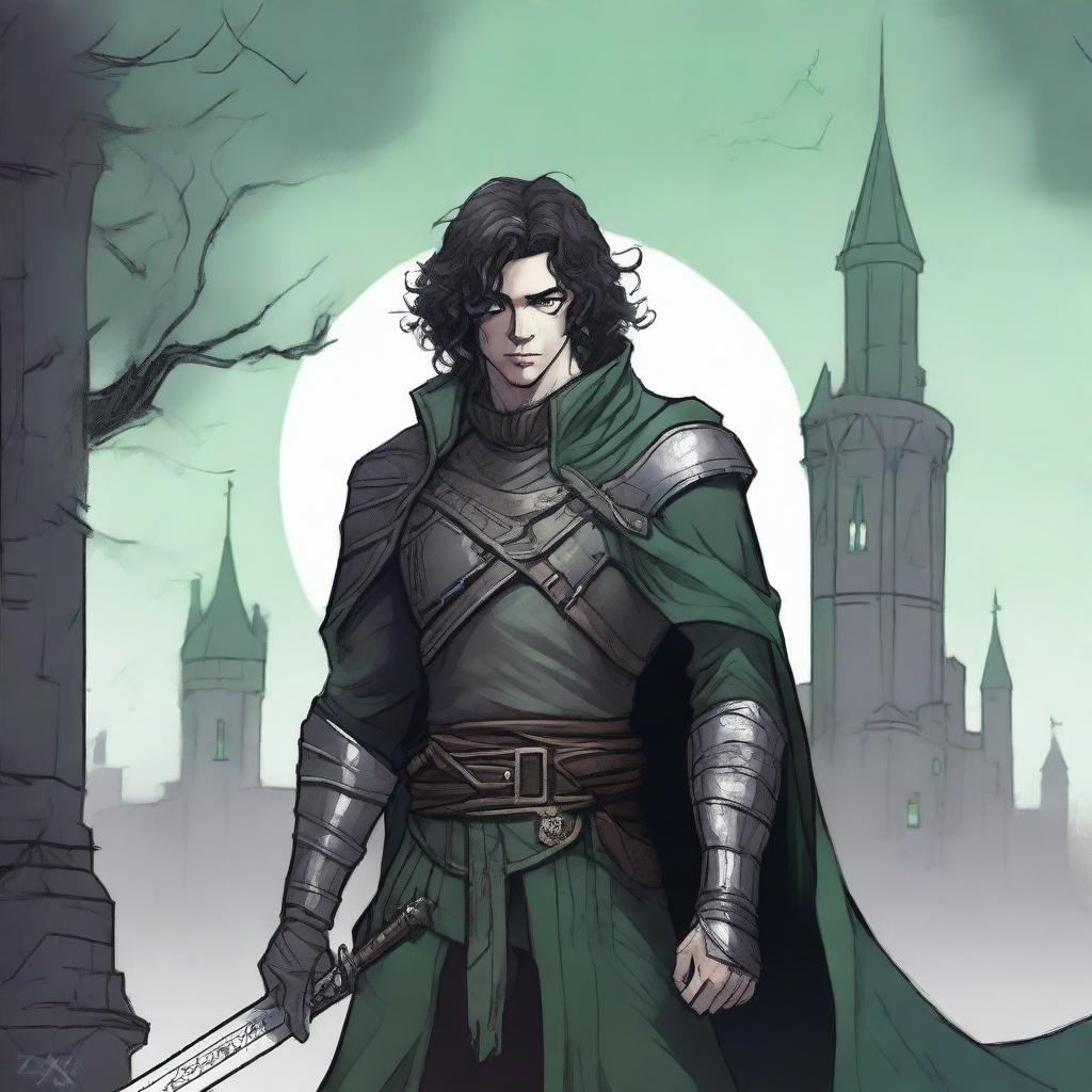 A sketch art style image of a gothic feminine male character with dark curly hair, multiple scars on his face, and glowing green eyes