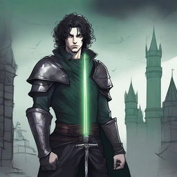 A sketch art style image of a gothic feminine male character with dark curly hair, multiple scars on his face, and glowing green eyes