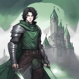 A sketch art style image of a gothic feminine male character with dark curly hair, multiple scars on his face, and glowing green eyes