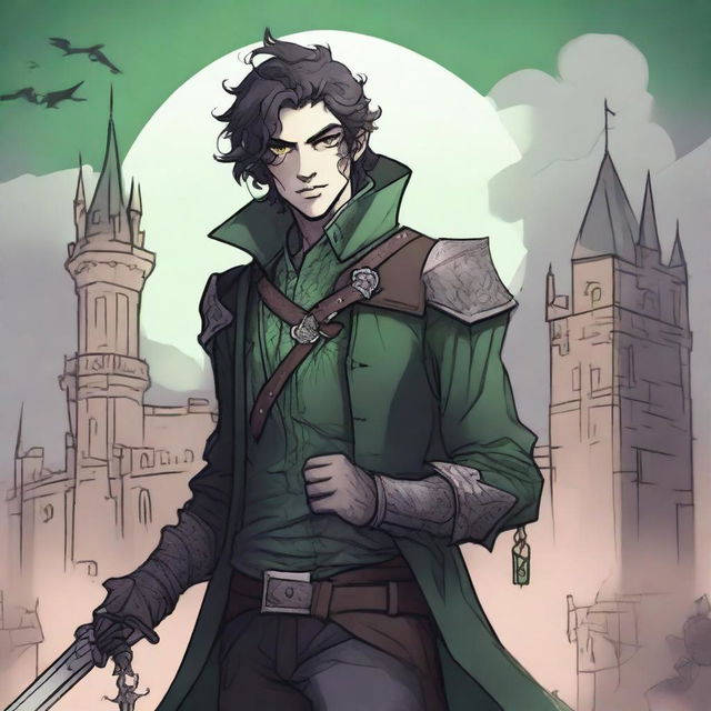 A sketch art style image of a gothic feminine male character with dark curly hair, multiple scars on his face, and glowing green eyes