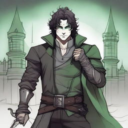 A sketch art style image of a gothic feminine male character with dark curly hair, multiple scars on his face, and glowing green eyes