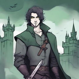 A sketch art style image of a gothic feminine male character with dark curly hair, multiple scars on his face, and glowing green eyes