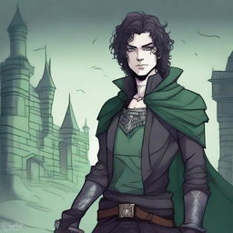 A sketch art style image of a gothic feminine male character with dark curly hair, multiple scars on his face, and glowing green eyes