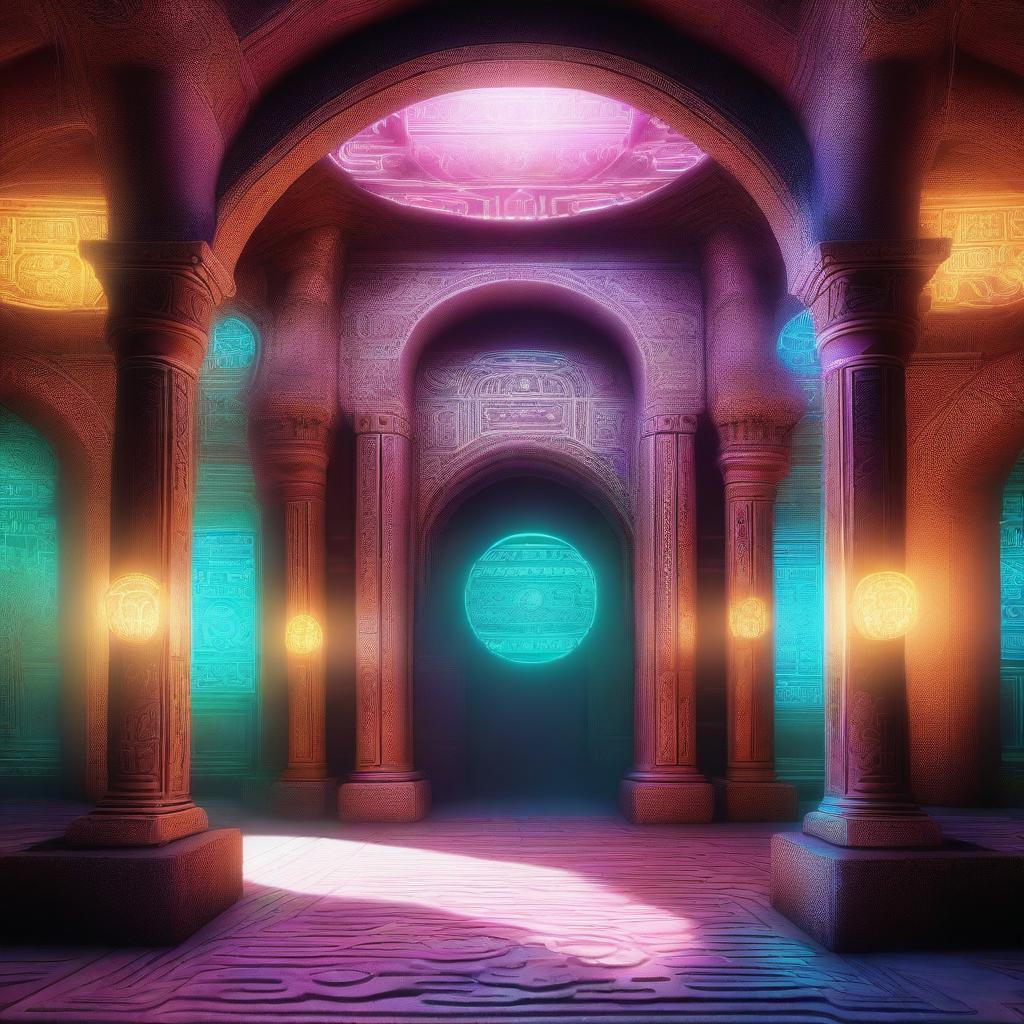 A detailed image of a portal room with multiple large portal gateways