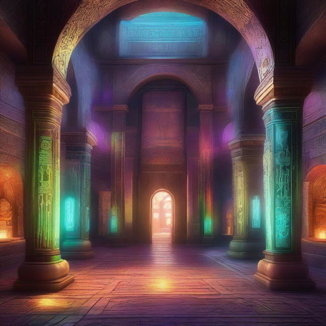 A detailed image of a large room with multiple large portal gateways