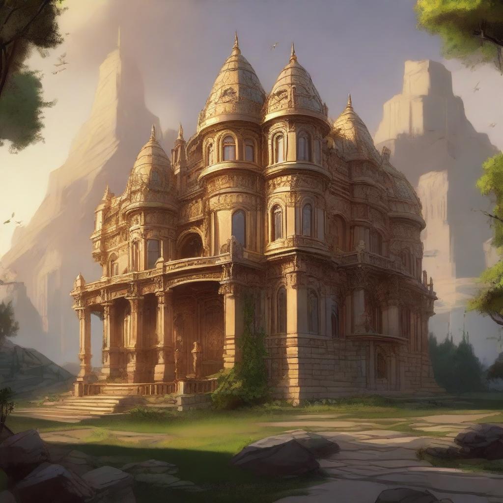 A detailed image of a golden mansion in a Dungeons and Dragons style