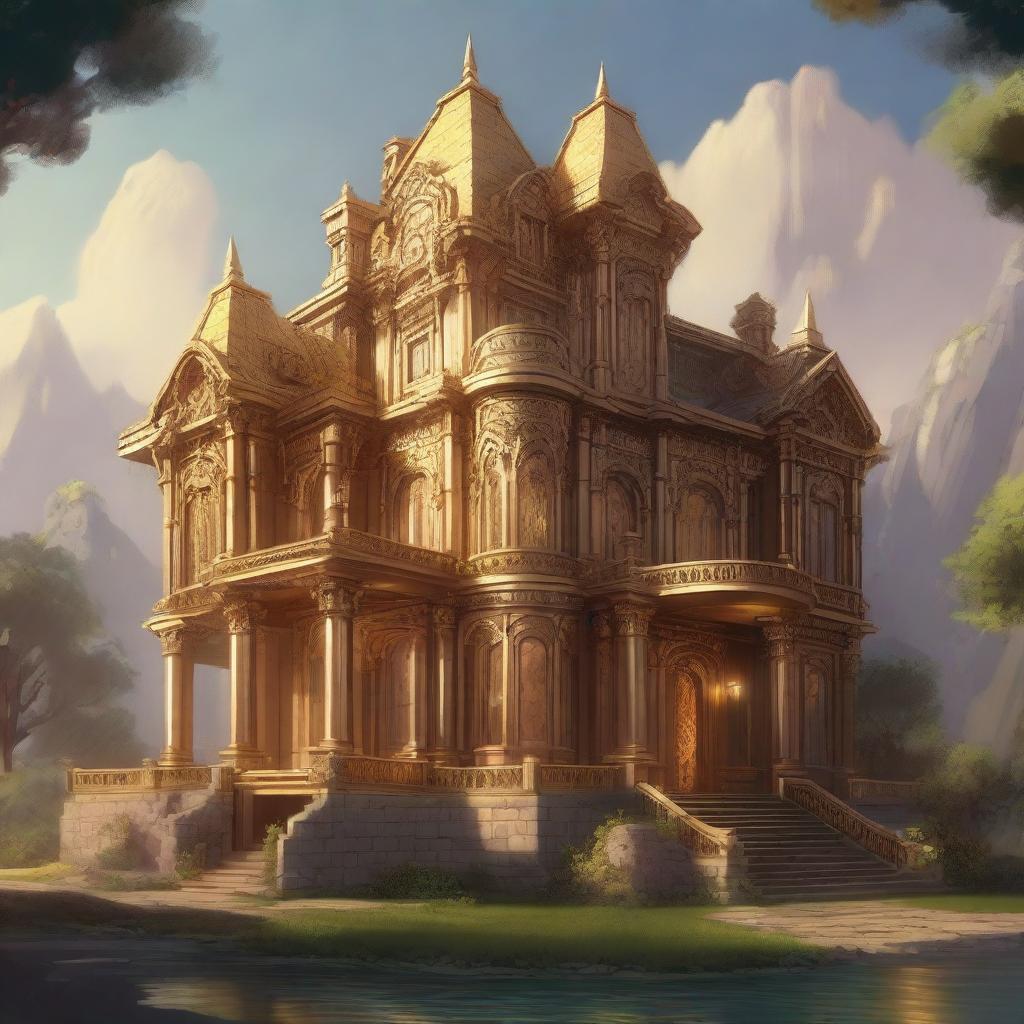 A detailed image of a golden mansion in a Dungeons and Dragons style