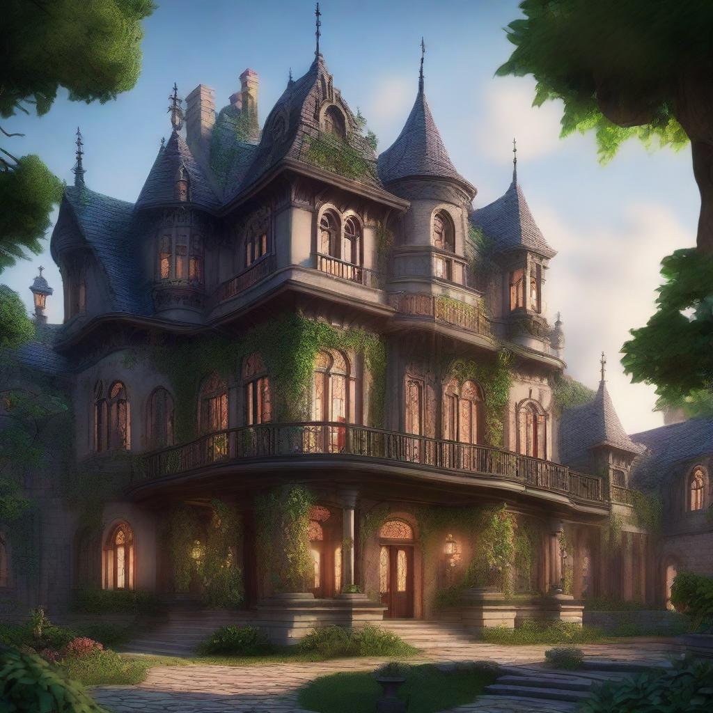 A detailed image of a grand mansion situated inside a fantasy city