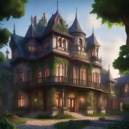 A detailed image of a grand mansion situated inside a fantasy city