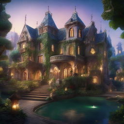 A detailed image of a grand mansion situated inside a fantasy city