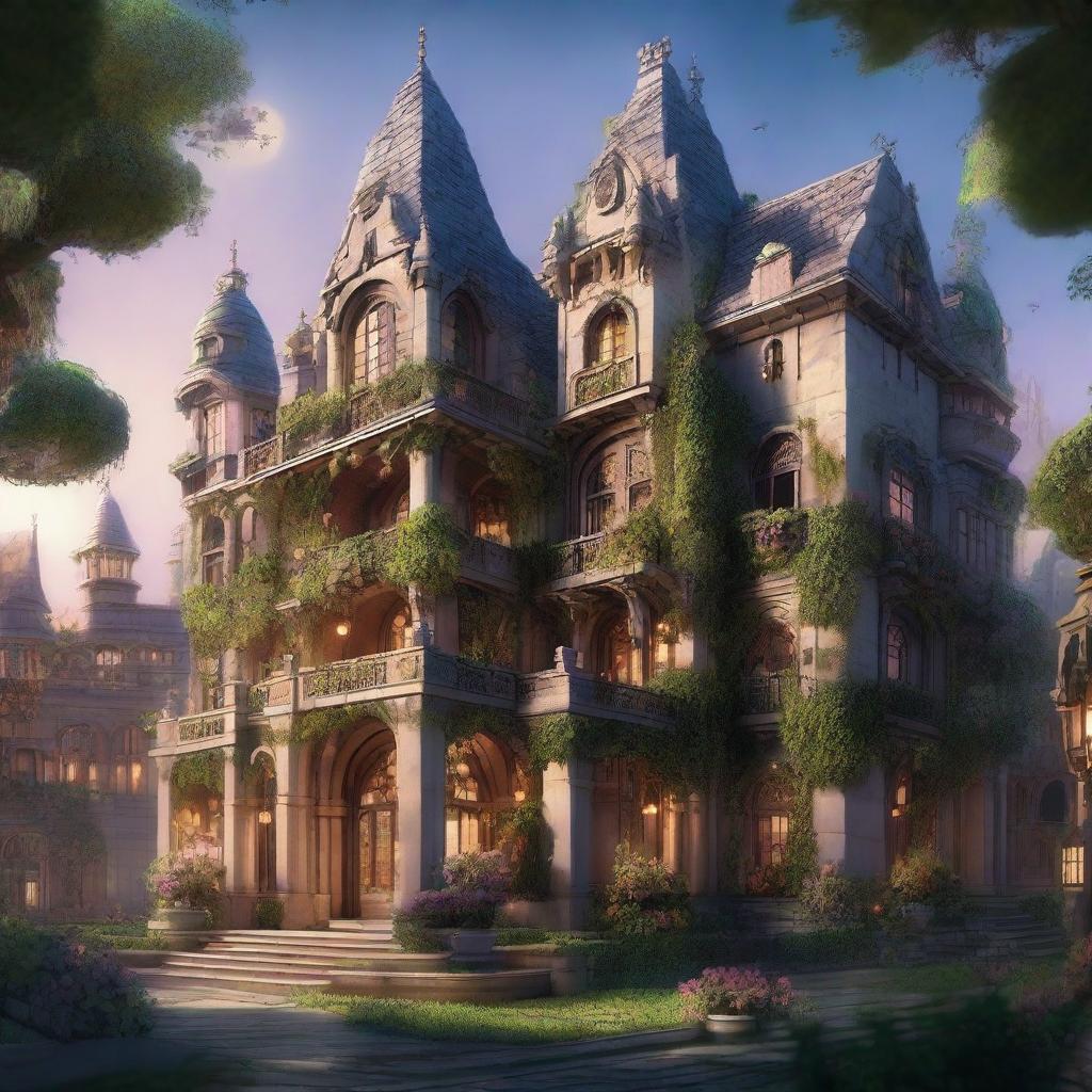 A detailed image of a grand mansion situated inside a fantasy city