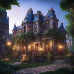 A detailed image of a grand mansion situated inside a fantasy city