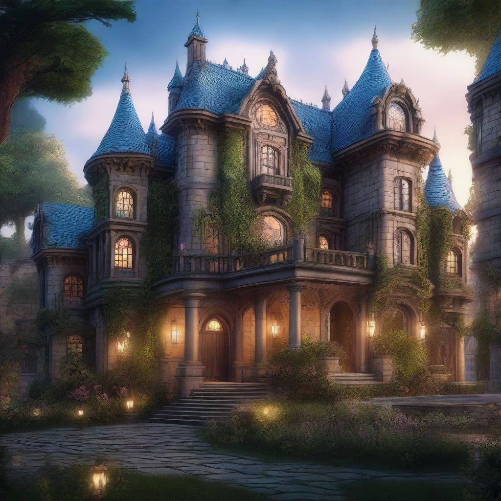 A detailed image of a grand mansion situated inside a fantasy city