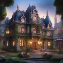 A detailed image of a grand mansion situated inside a fantasy city