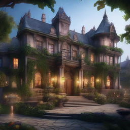 A detailed image of a grand mansion situated inside a fantasy city