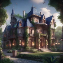 A detailed image of a grand mansion situated inside a fantasy city