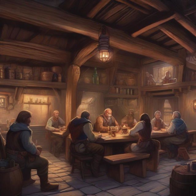 A detailed image of a lively tavern in a Dungeons and Dragons setting