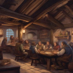 A detailed image of a lively tavern in a Dungeons and Dragons setting