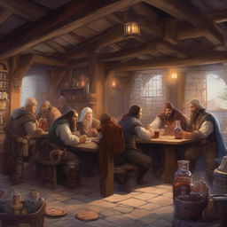 A detailed image of a lively tavern in a Dungeons and Dragons setting