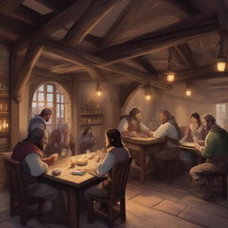 A detailed image of a lively tavern in a Dungeons and Dragons setting