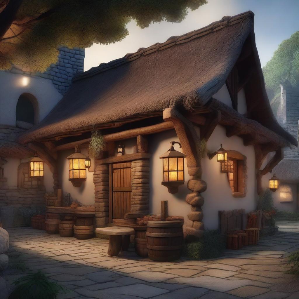 A detailed image of the exterior of a tavern in a Dungeons and Dragons style