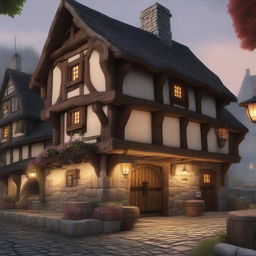 A detailed image of the exterior of a tavern in a Dungeons and Dragons style