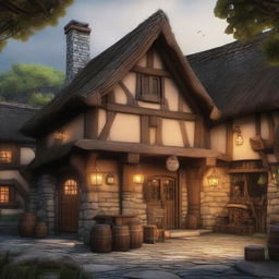 A detailed image of the exterior of a tavern in a Dungeons and Dragons style