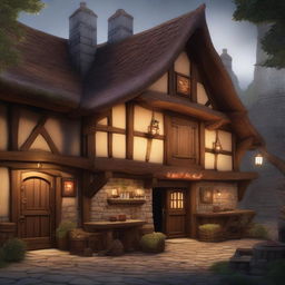 A detailed image of the exterior of a tavern in a Dungeons and Dragons style