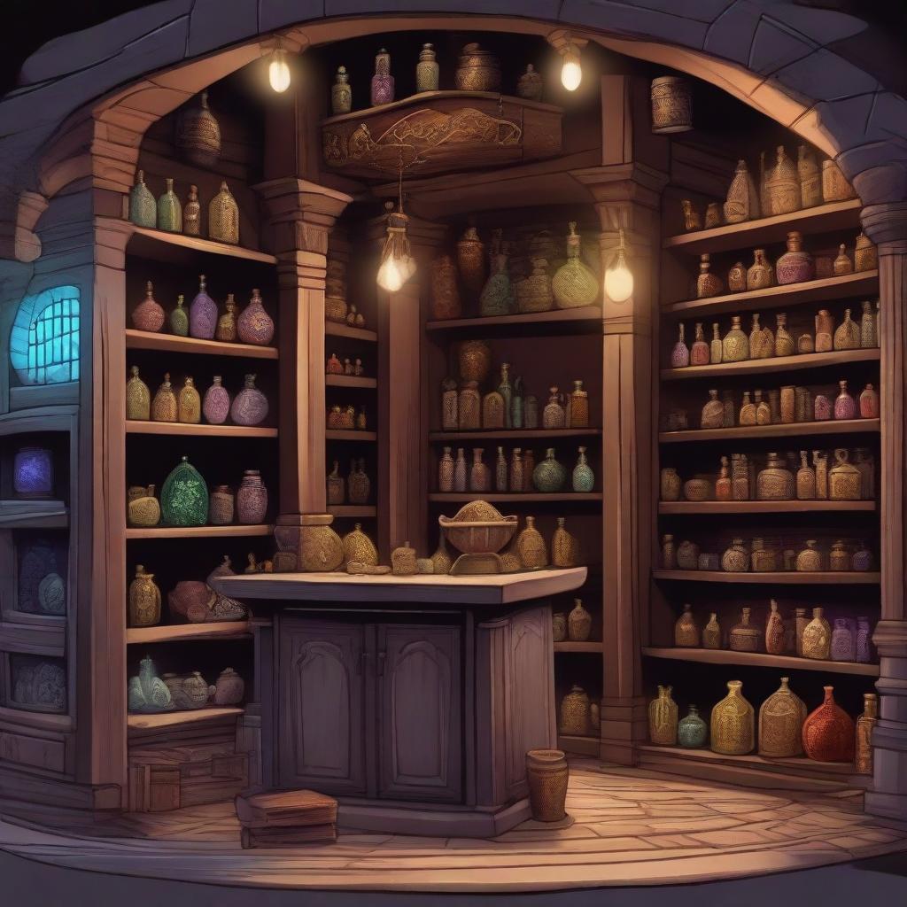 A detailed image of a magic store in a Dungeons and Dragons setting