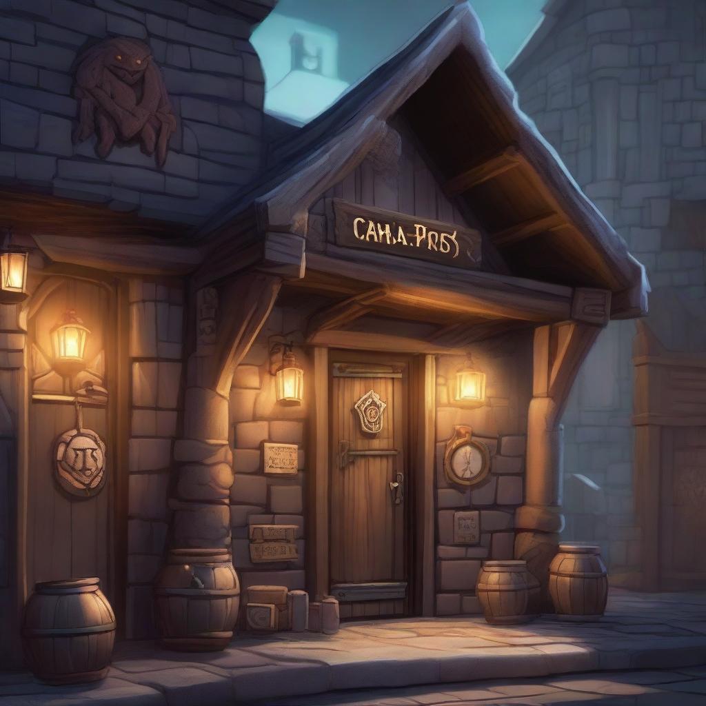 A detailed image of the exterior of a magic store in a Dungeons and Dragons setting