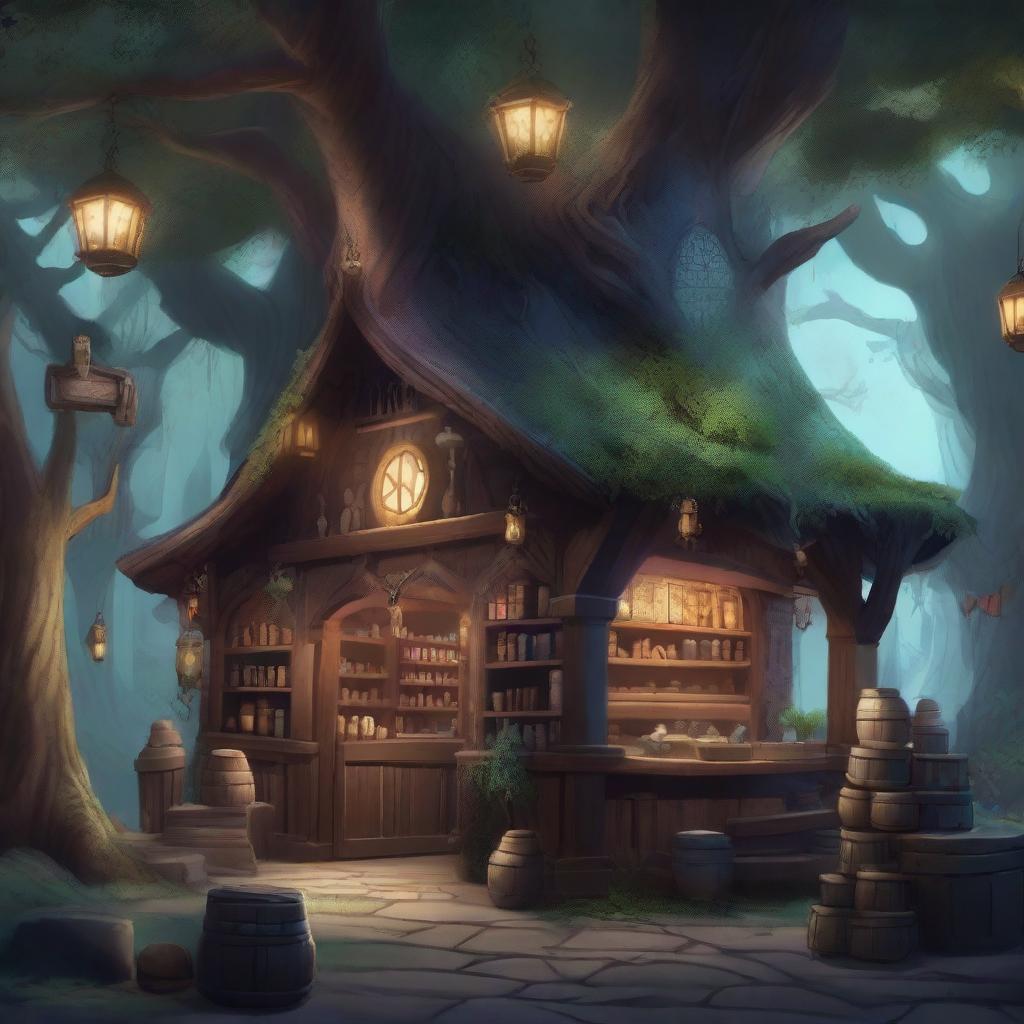 A detailed image of a magic store located outside in a Dungeons and Dragons setting