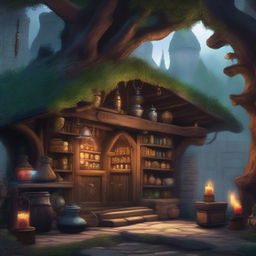 A detailed image of a magic store located outside in a Dungeons and Dragons setting