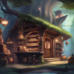 A detailed image of a magic store located outside in a Dungeons and Dragons setting