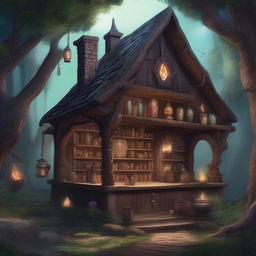 A detailed image of a magic store located outside in a Dungeons and Dragons setting