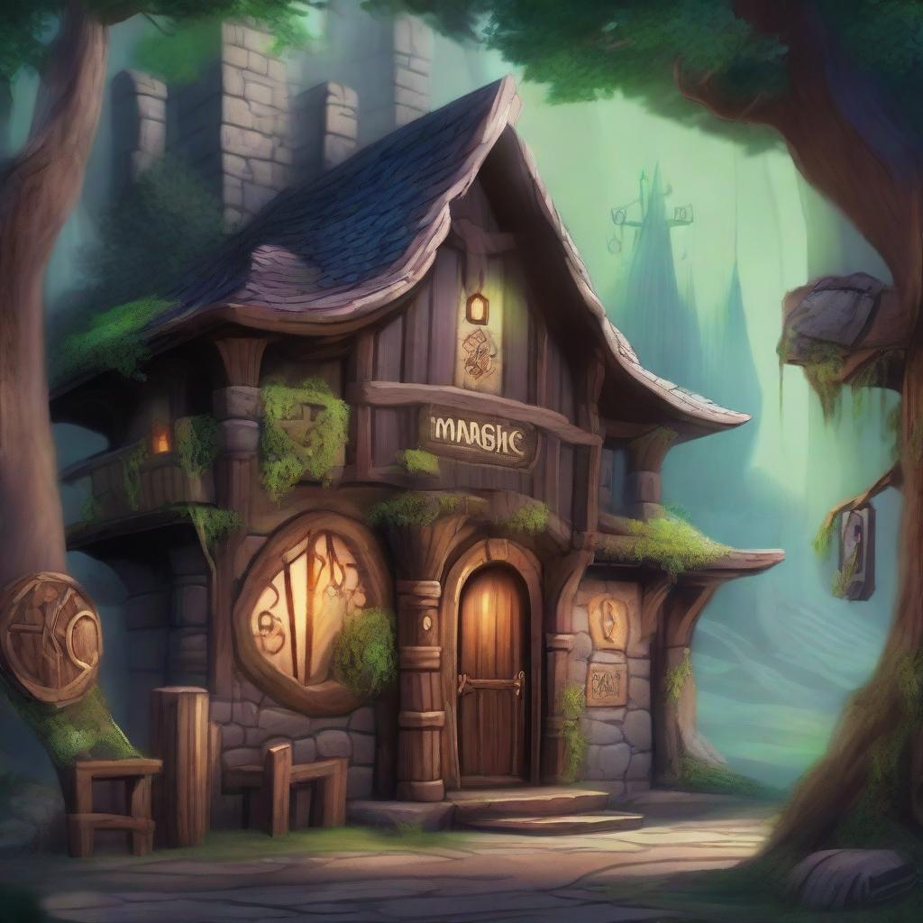 A detailed image of the exterior of a magic store in a Dungeons and Dragons setting